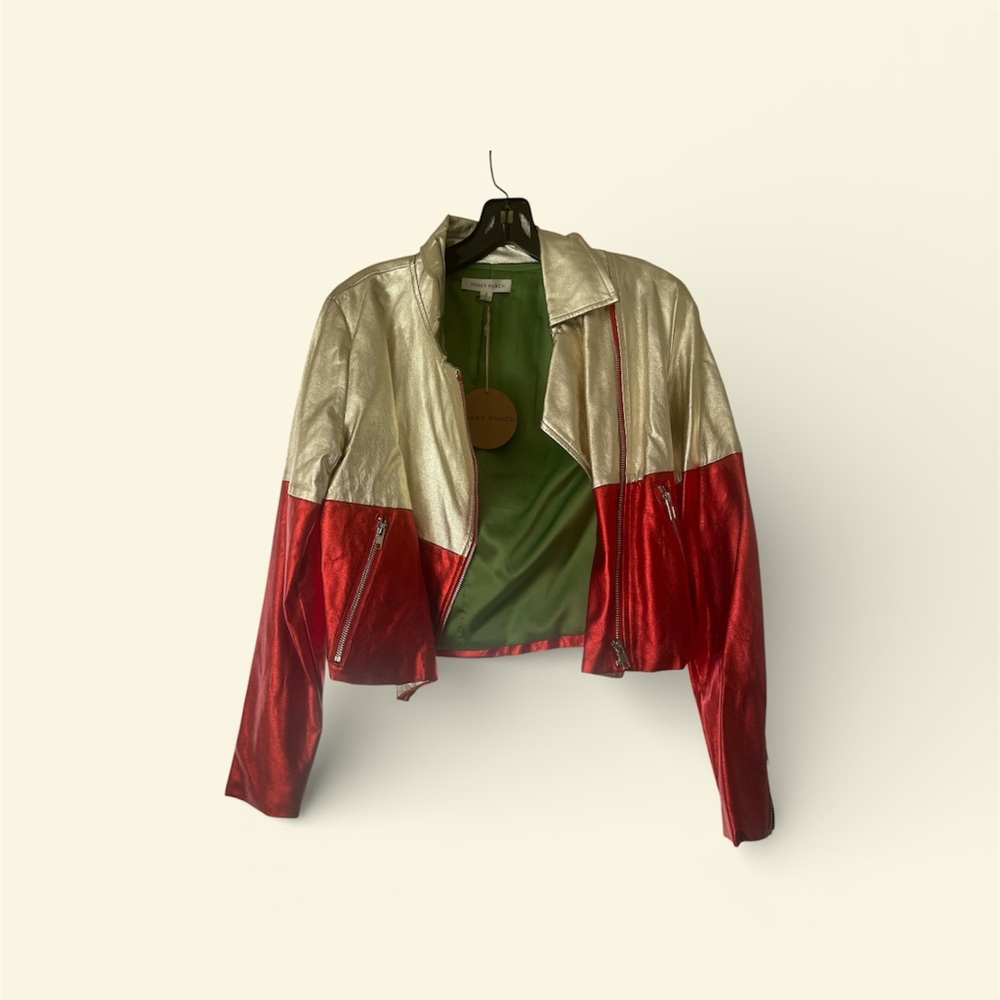 Metallic Gold and Red Colorblock Leather Jacket - Women
